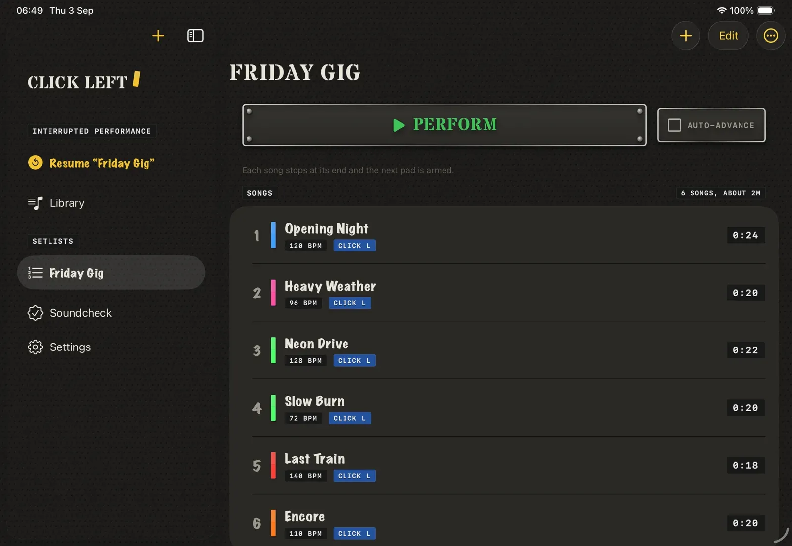 Friday Gig setlist editor with six ordered songs and a large Perform control.