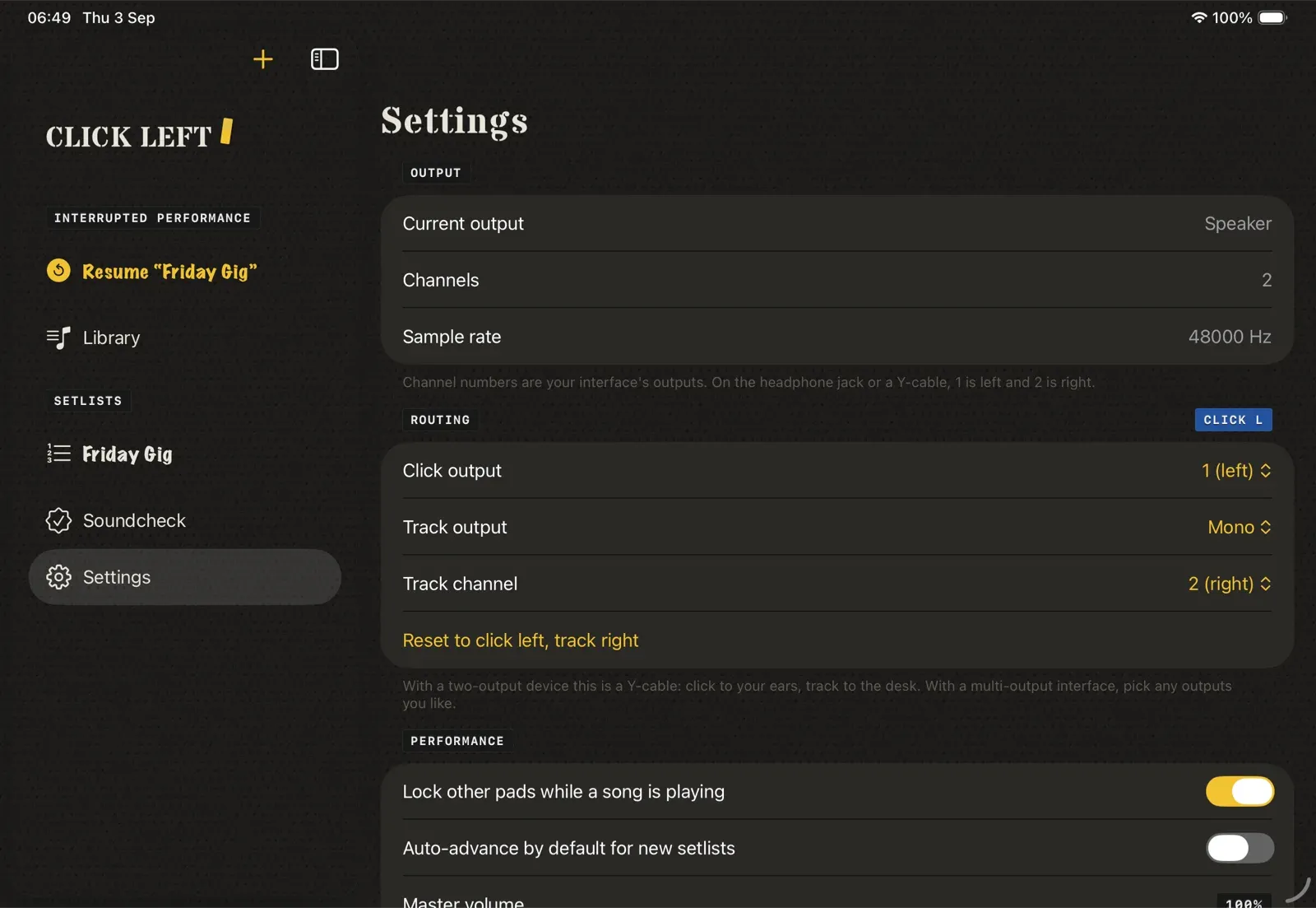 Output settings routing click to the left output and track to the right output.