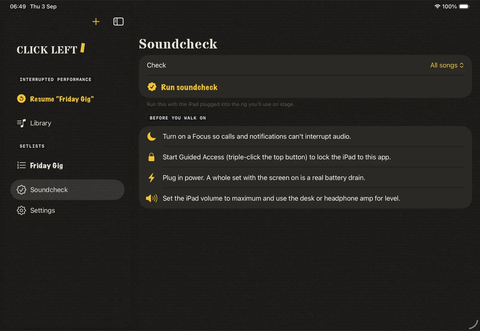 Soundcheck screen with pre-gig checks for songs, Focus, Guided Access, power and output volume.