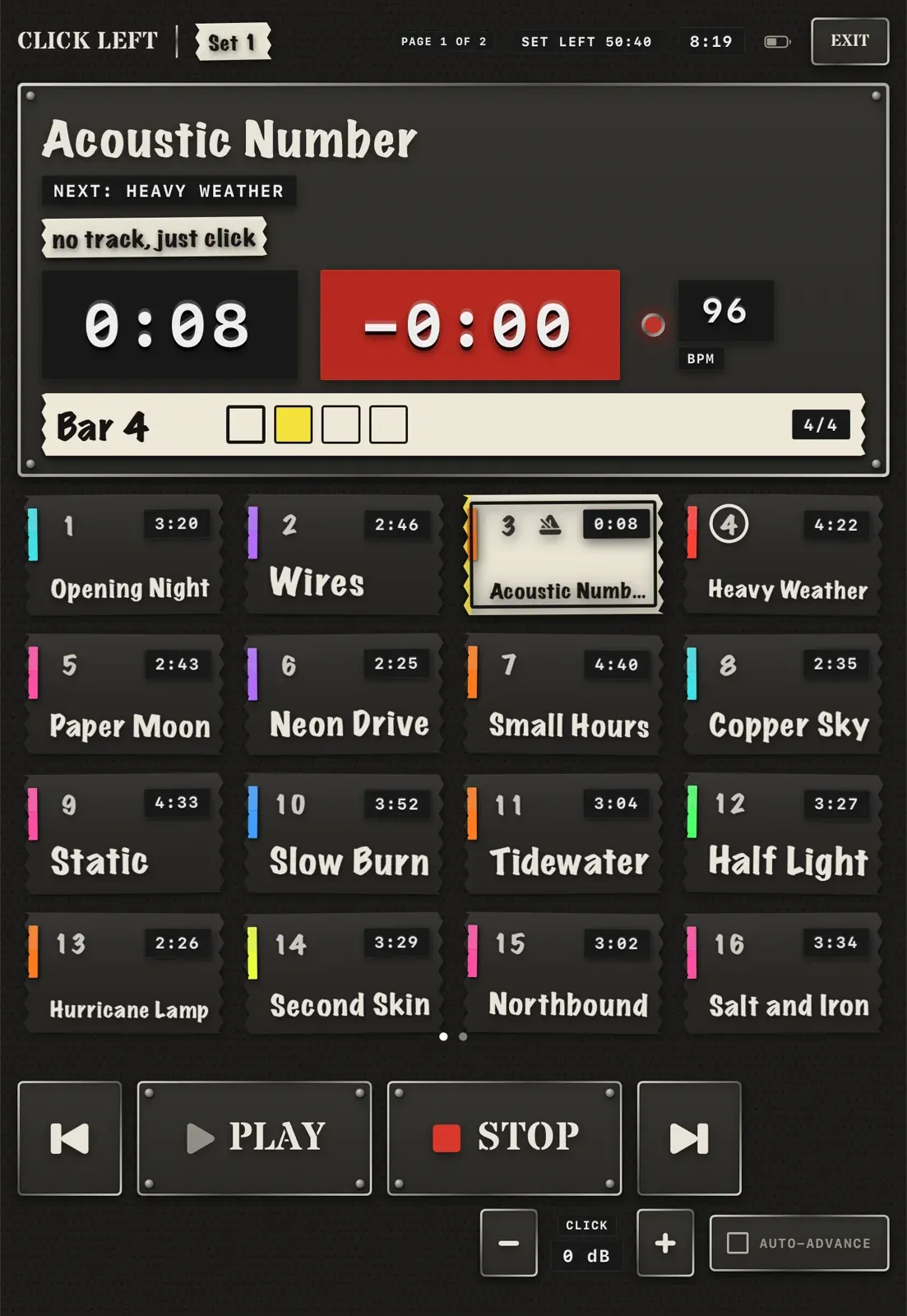 A click-only song playing with bar and beat counter on the Click Left stage screen.