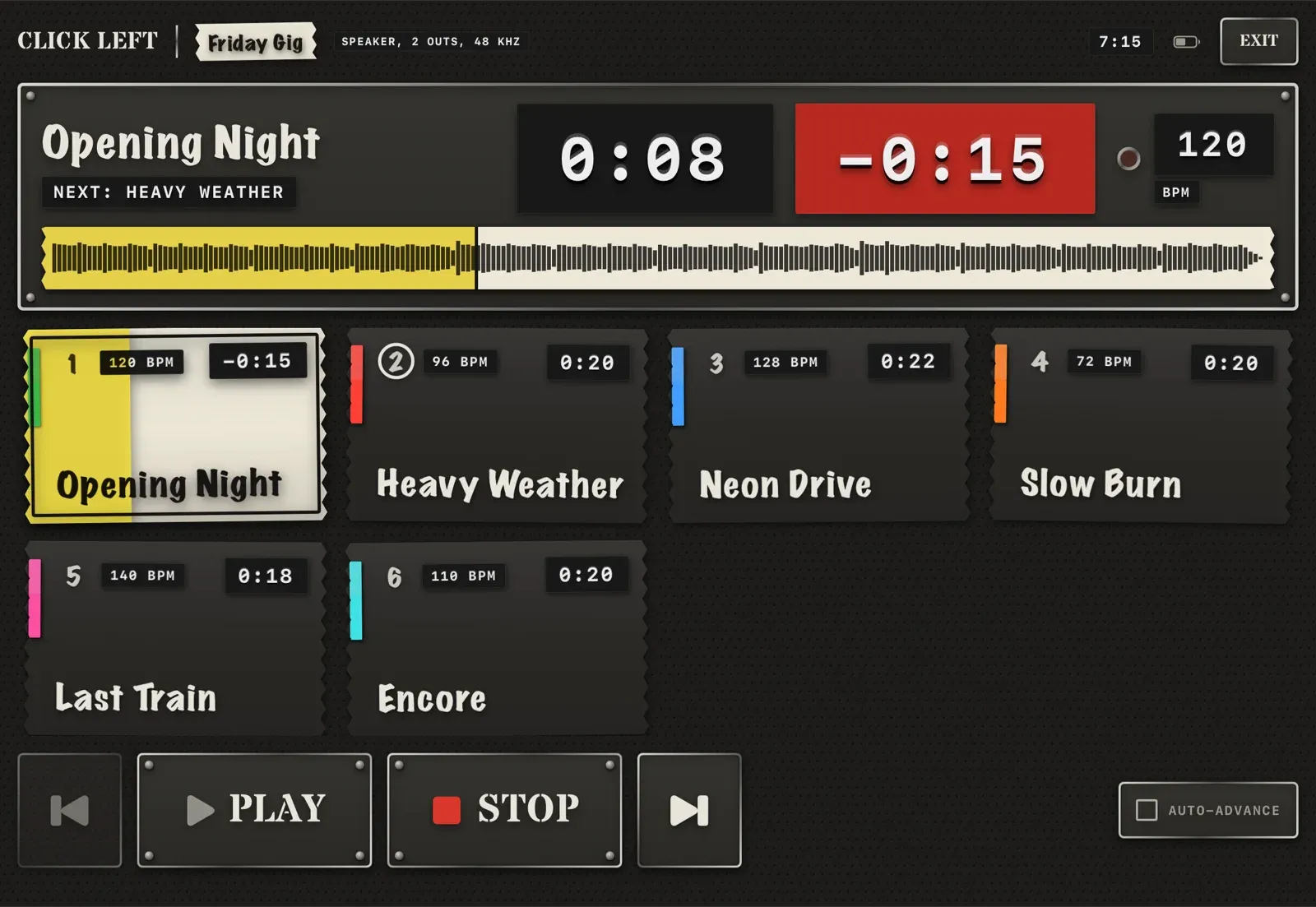 A six-song Friday Gig setlist with extra-large performance pads.