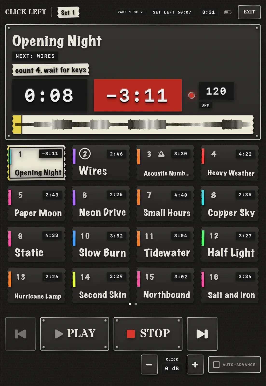 Portrait performance screen with a playing song, stage note, waveform and sixteen large song pads.